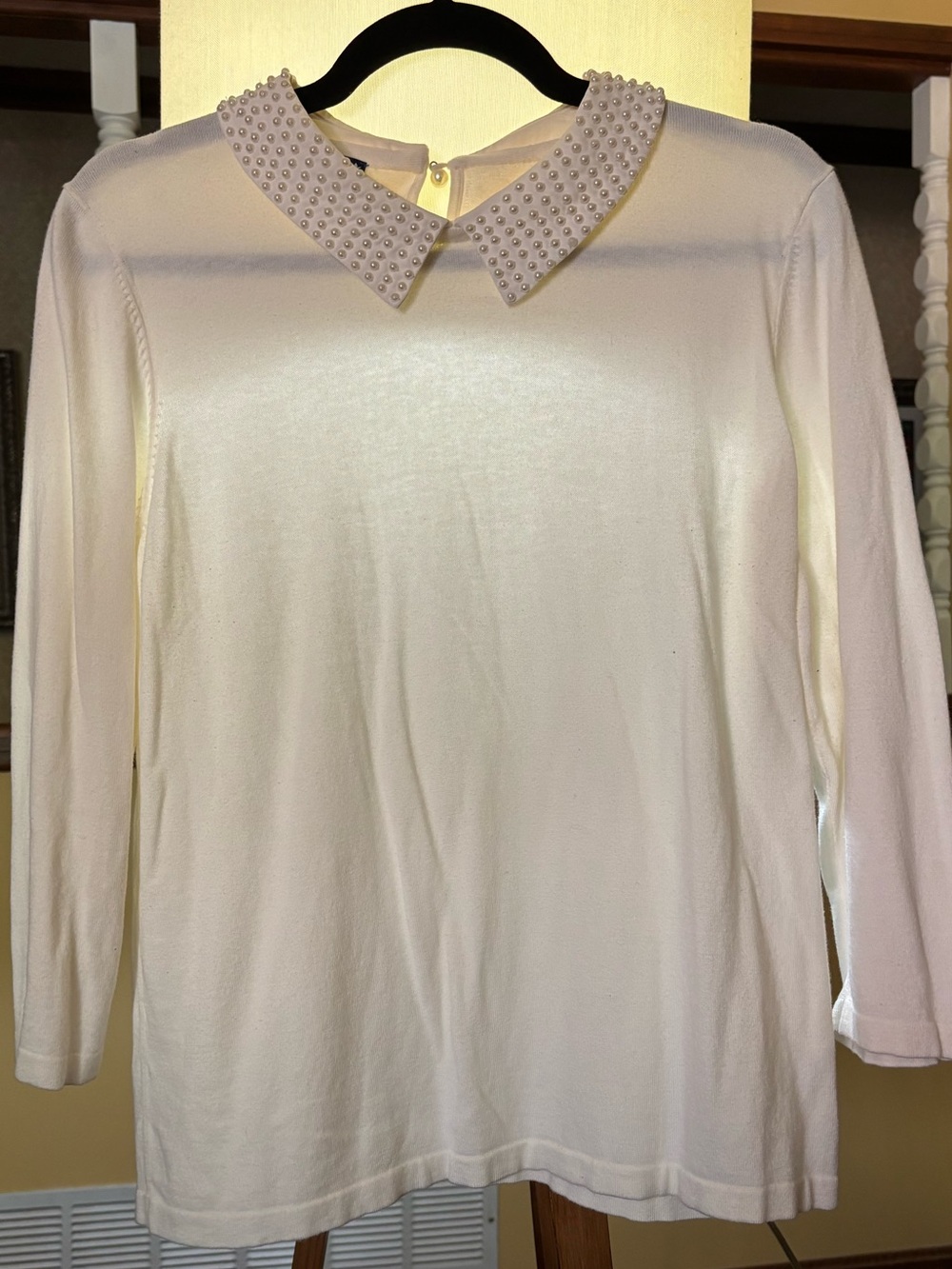 Talbots Ivory Long-Sleeve Top with Pearl-Embellished Collar